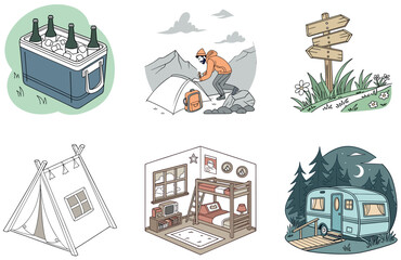 Camping Bundle. Ladakh Pangong Lake Road Collection Illustrations