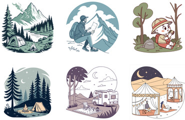 Camping Bundle. Large Bonfire Gathering Collection Illustrations