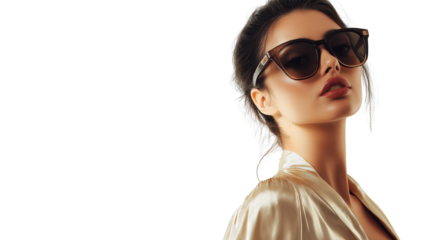 Elegant woman in silk blouse and sunglasses, carrying summer class, cinematic lighting, high-res image on white background 