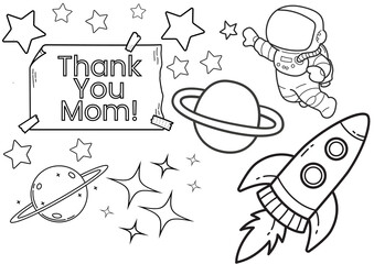 children colouring page with cosmos elements and Thank You Mom text  easy to print & use on art lessons  white background  easy level © MonkaLemonka
