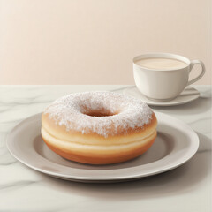 Cozy donut dusted with powdered sugar served on a plate beside a cup of coffee. A warm and inviting breakfast or café scene ideal for menu design, food advertising, or morning lifestyle visuals.