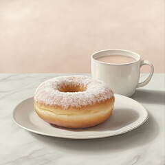 Cozy donut dusted with powdered sugar served on a plate beside a cup of coffee. A warm and inviting breakfast or café scene ideal for menu design, food advertising, or morning lifestyle visuals.