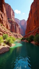 Towering sandstone cliffs, emerald river below, landscape, bright, rock