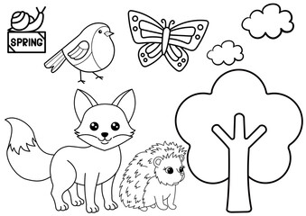 coloring page sheet with set of cute animals: fox, hedgehog, butterfly, bird, clouds and tree; black outline on white background