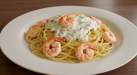 Delicious pasta with shrimp and creamy sauce served on a white plate. Gourmet seafood dish, perfect for restaurant menu or food presentation.