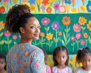 Teacher smiling at preschool children in front of vibrant floral wall art