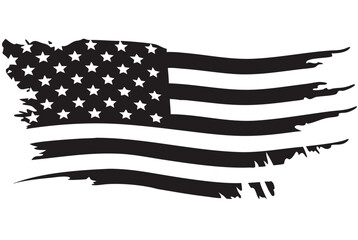 A tattered American flag, a powerful symbol of resilience and enduring patriotism, rendered in bold black and white with a raw, distressed texture.