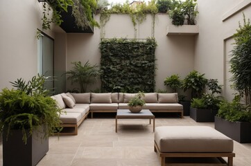 A modern outdoor living space with stylish seating and plants
