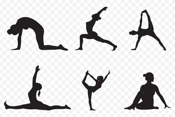 silhouettes of yoga poses. yoga people silhouette collection different meditating pose. various style gymnast silhouette set of vector icon on Transparent Background. EPS 10.