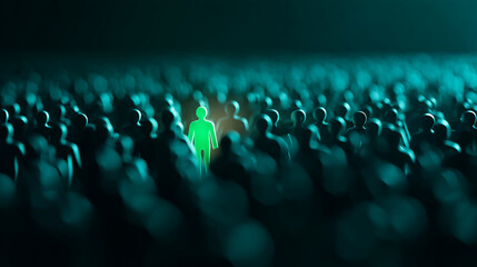 Obraz premium Green figure stands out in a crowd of dark teal figures, symbolizing individuality, leadership, or difference in a large group