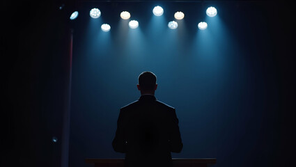 Memorial Day Speech Photo Stock: Dignified Speakers, Refined Stage Lighting, Impactful Composition for Commemorative Events with Empty Space for Text