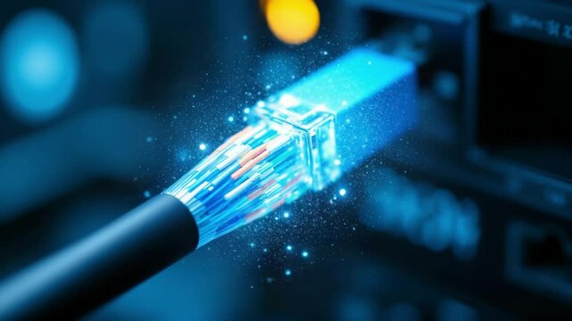 Close-up of Fiber Optic Cable Connector with Colorful Strands