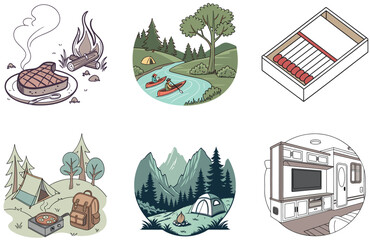 Camping Bundle. Forest Soft Focus Camping Collection Illustrations