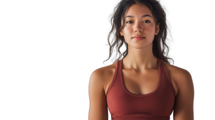 Yoga teacher in breathable summer activewear, peaceful face expression, cropped to stomach, cinematic portrait on white
