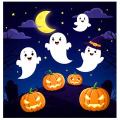 Cute Cartoon Ghosts and Pumpkins at Halloween Night