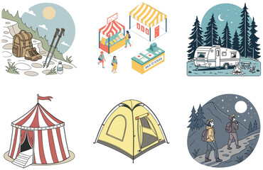Camping Bundle. Empty Circus Tent Stage Collection Illustrations