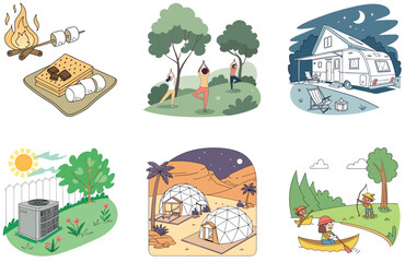 Camping Bundle. Resting Man Sunset Relaxation Collection Illustrations