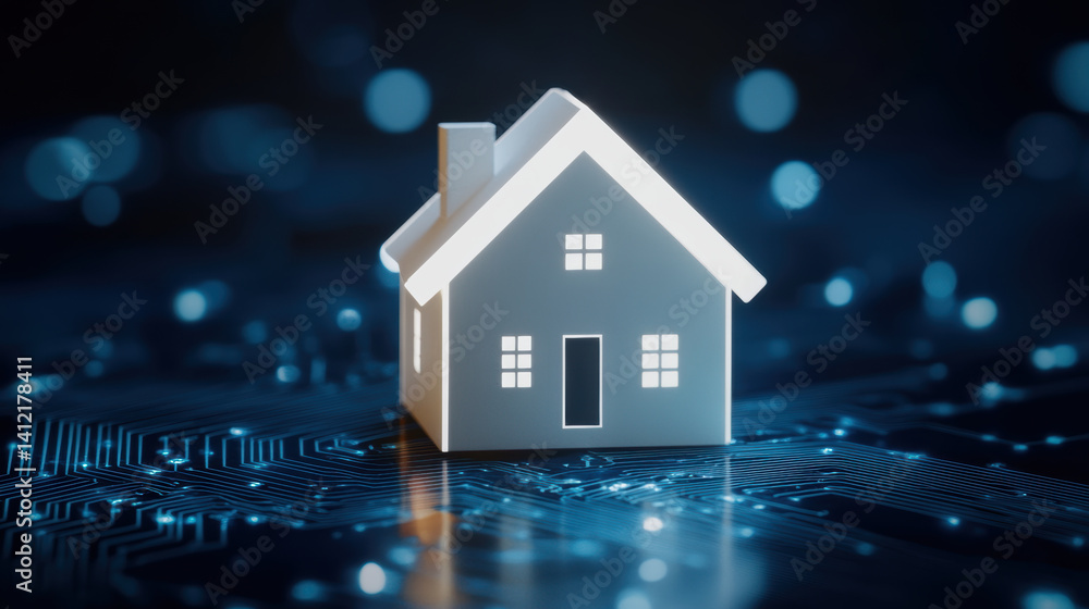 Poster small, illuminated house model sits on digital circuit board, symbolizing integration of technology 