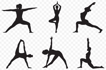 silhouette of a woman doing yoga. Set of 6 Silhouette Yoga Poses Flexible Poses for Fitness, Health, and Wellness Designson Transparent Background. EPS 10.