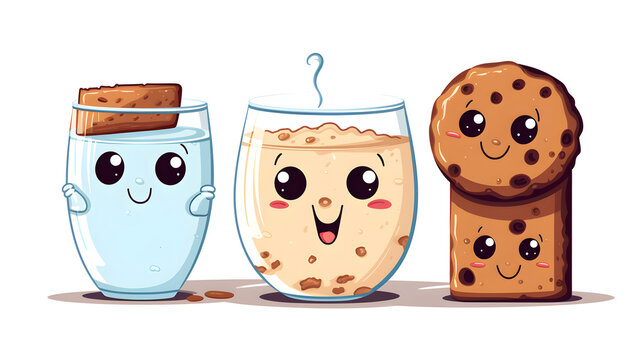 Cartoon characters of cookies and glass of milk with YUMMY inscript for children's book illustrations