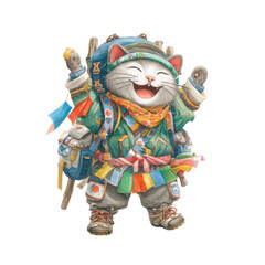 Joyful Hiking Cat in Colorful Travel Gear and Backpack