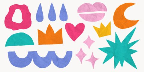 Groovy collection of abstract paper elements with jagged torn edges. Cartoon stickers in pastel colors including stars, lips, crown, heart and squiggles on crumpled paper, collage.