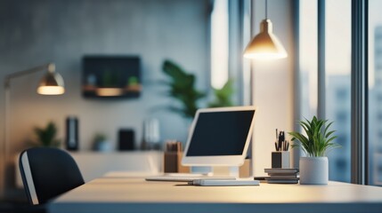 Fototapeta premium Bright and Modern Office Workspace with Plants and Accessories