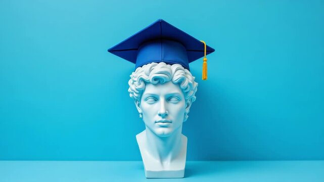 Classic Bust of a Male Figure Wearing a Graduation Cap on Blue Background