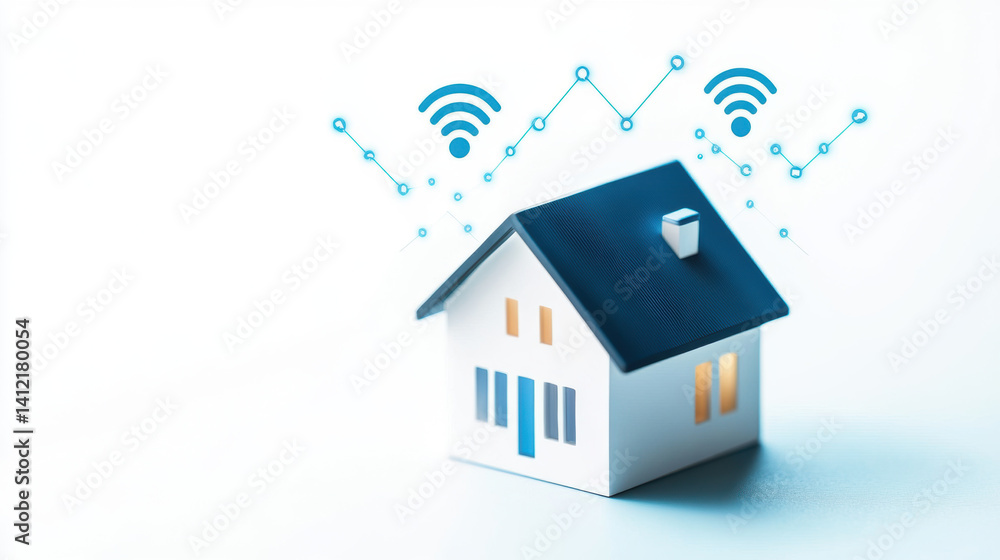 Poster small model house with glowing windows is connected to digital icons representing smart home technol