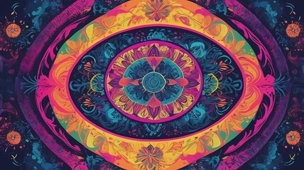 Fototapeta premium Psychedelic batik pattern with swirling mandalas and kaleidoscopic shapes, bright neon colors, futuristic tribal fusion