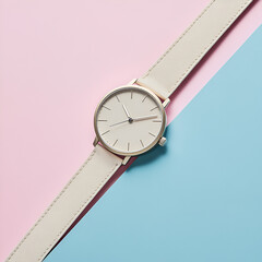 Stylish minimalist watch displayed on pink and blue background lifestyle photography modern design aesthetic environment