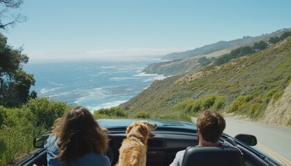 Dink couple roadtripping along scenic coastline convertible adventure nature bliss vibrant view double income no kids