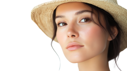 Woman in her 30s with natural makeup and straw visor, radiating peaceful vacation vibe, studio shot, clean white background