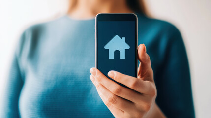 person holding smartphone displaying home icon, symbolizing smart home technology and connectivity. image conveys modern living and digital innovation