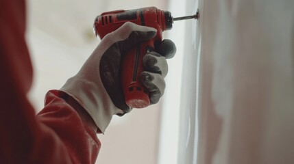 Construction worker using a power drill to install screws. Featuring tool usage and building tasks