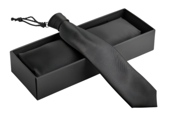 Elegant black tie presented in a sleek black box, perfect for formal occasions and gifts isolated on transparent background