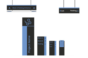 Wayfinding system signage mockup set Direction signs Exterior and interior way finding design
