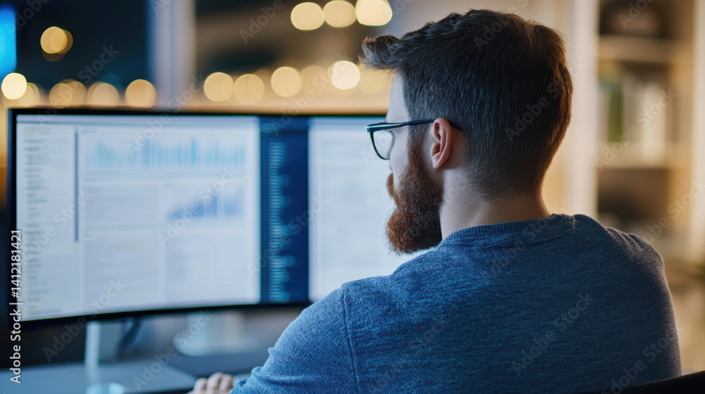 Poster man with beard and glasses is focused on analyzing data on dual monitor setup in dimly lit office. s