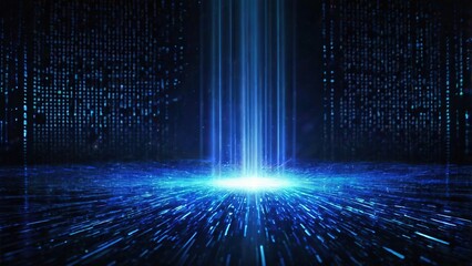 Bright blue binary code glows against a dark, abstract backdrop
