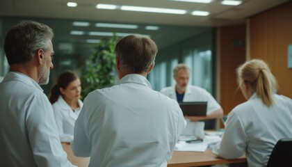 Hospital department heads in boardroom discussing mask policies healthcare facility meeting context professional environment