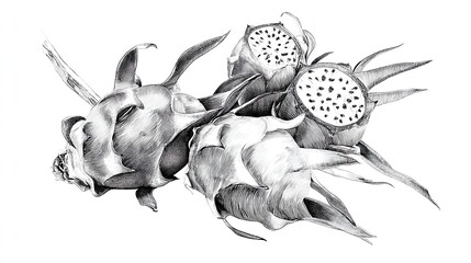 Obraz premium Intricate sketch of a dragon fruit plant showcasing its unique shape and textures in elegant black and white.