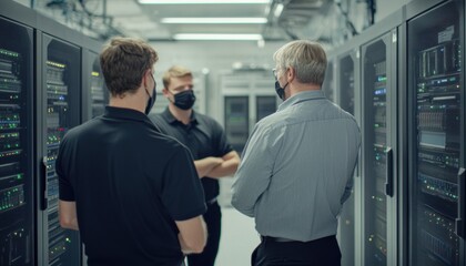 It department heads in masks covering conversations data center professional environment back view team collaboration