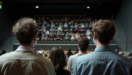 University deans overlooking audience with masked faces in lecture hall educational environment engaging perspective