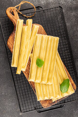 Parpadelle stuffing mushrooms pasta dish vegetables fresh delicious gourmet food background on...