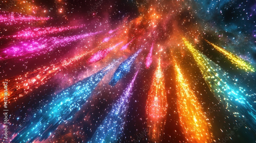 Wall mural a mesmerizing array of colorful streaks of light radiates from a central point in a dark cosmic sett