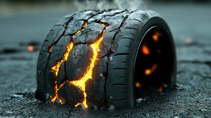 Cracked tire with glowing orange lava effect on asphalt, steaming from the heat
