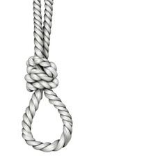 A close up of a white rope tied into a noose against a stark black background space