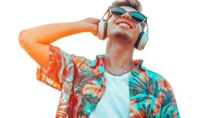 Guy with headphones around his neck and tropical shirt, enjoying music and sunshine, cropped to chest, PNG format, isolated 