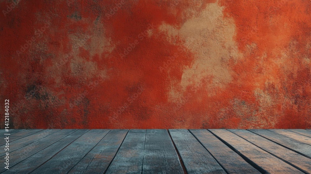 Poster the image features a rustic wooden floor set against a vibrant textured red wall, creating a warm an