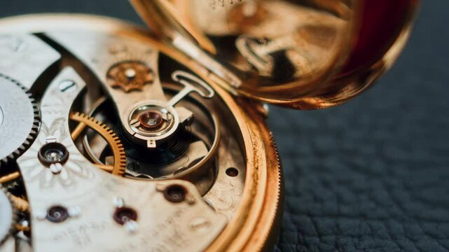 A captivating slow-motion shot showing the inner workings of a vintage pocket watch. The camera moves smoothly from right to left, emphasizing the intricate gears and precise mechanics. Old Clock.